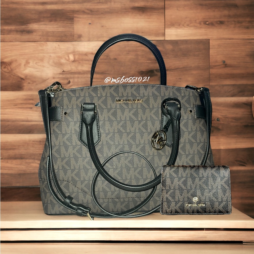 Michael Kors Lynn Brown/Black Logo Shoulder Bag + Wallet NWT